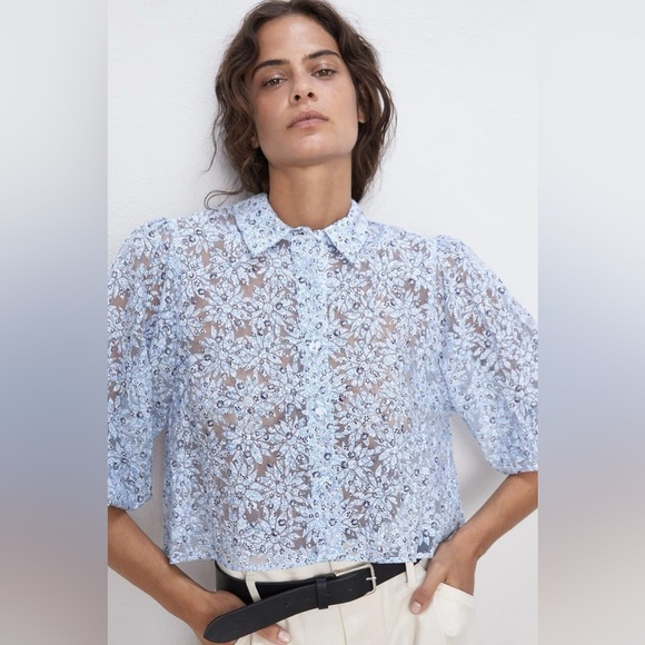 Zara Floral Blue Organza Puff Sleeve Sheer Cropped Blouse Size XS - Picture 5 of 16